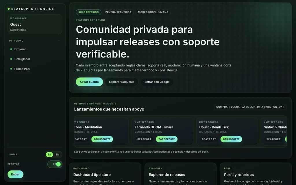 Portada de BeatSupport con los lanzamientos que necesitan apoyo