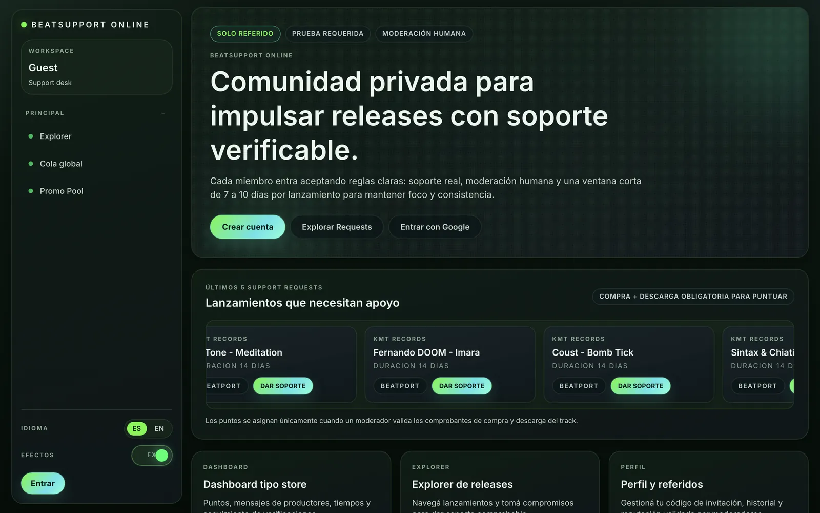 Portada de BeatSupport con los lanzamientos que necesitan apoyo