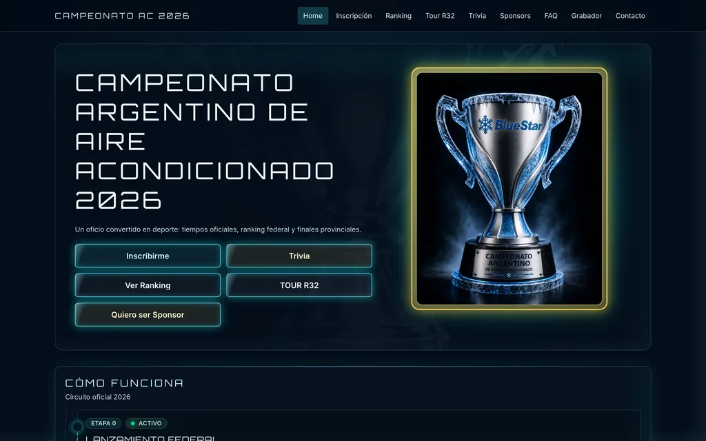 Portada del campeonato con el trofeo y los accesos a inscripción, ranking y sponsors