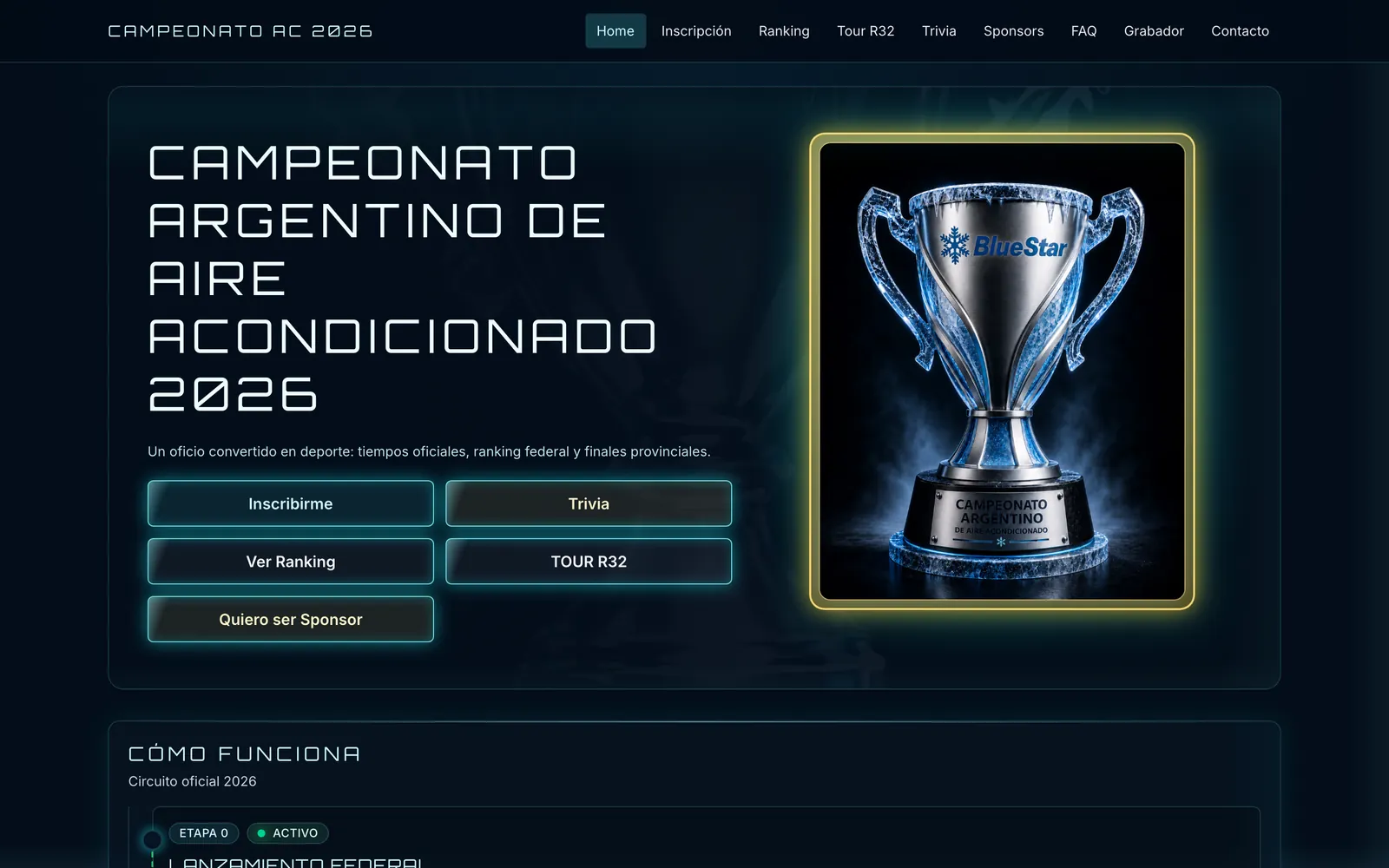 Portada del campeonato con el trofeo y los accesos a inscripción, ranking y sponsors