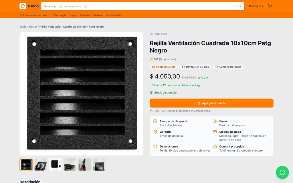 Ficha de producto con precio, cuotas y stock