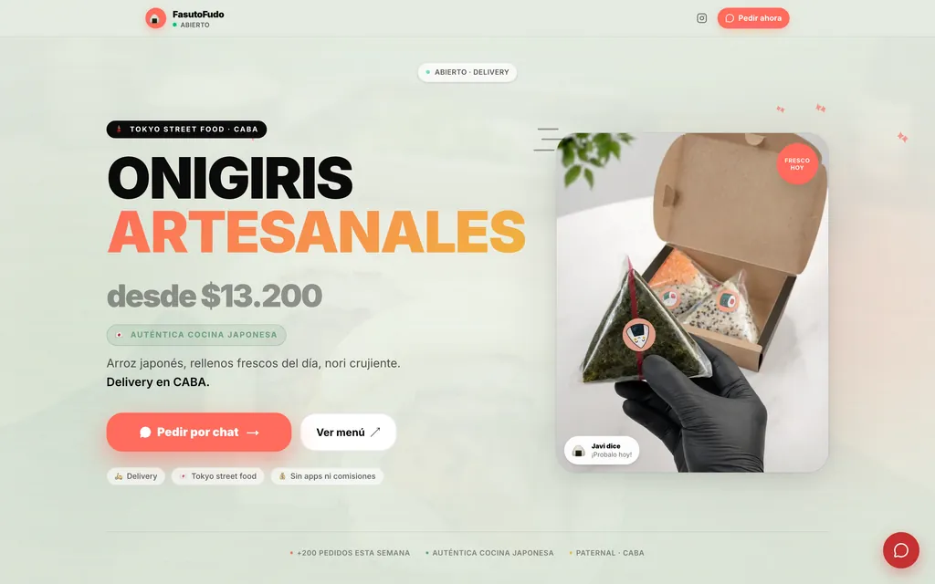 Portada de FasutoFudo con el precio del combo y el botón de pedir por chat