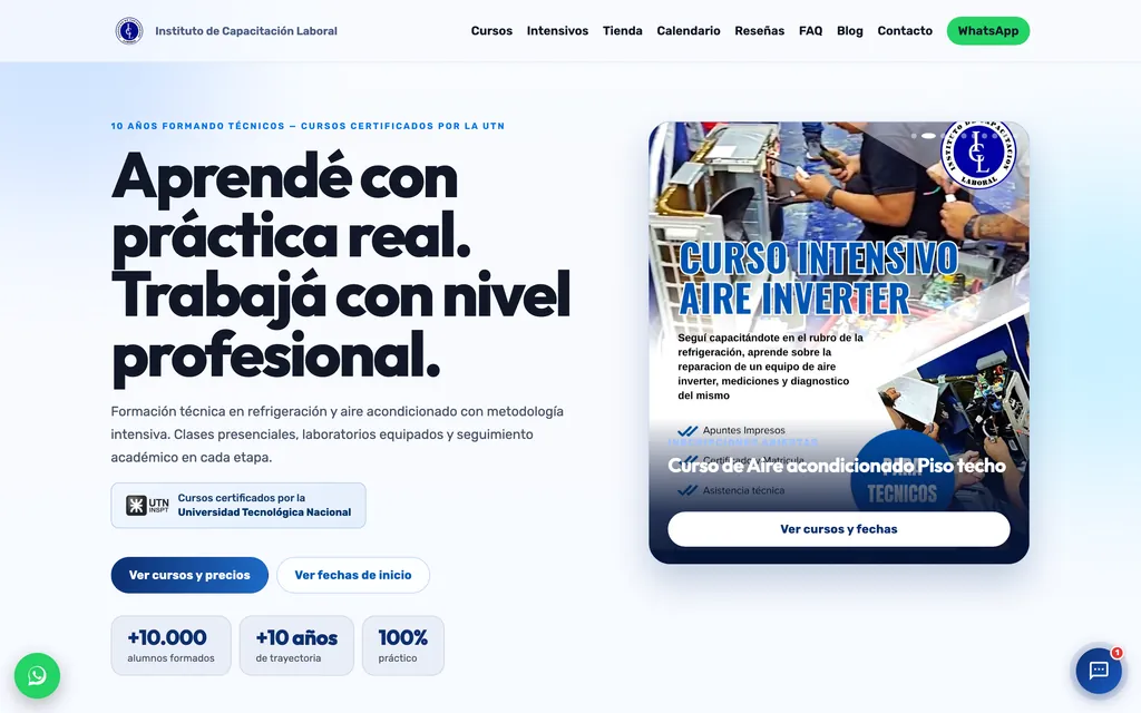 Portada de ICL con el titular «Aprendé con práctica real» y la certificación UTN