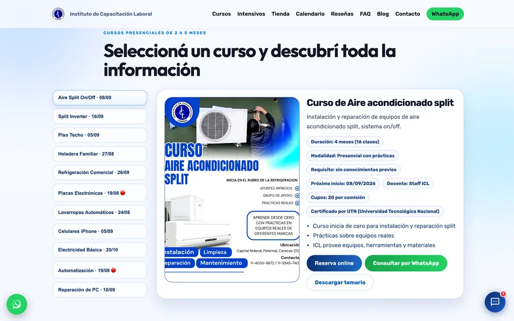 Selector de cursos en pestañas con la ficha del curso de aire acondicionado split