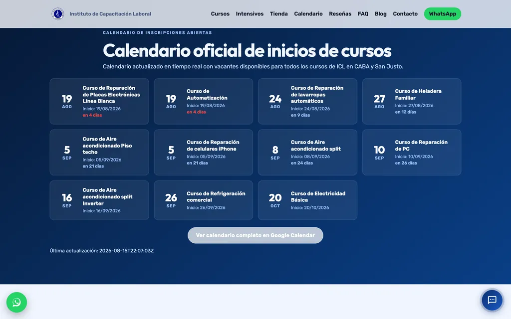 Calendario de fechas de inicio con los días que faltan para cada curso