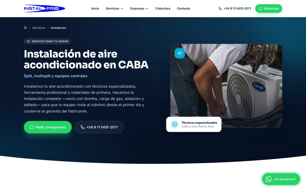 Página del servicio de instalación de aire acondicionado