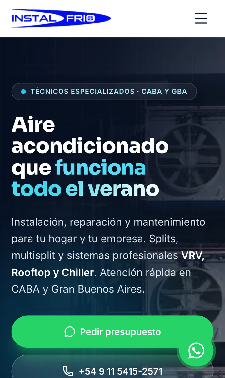 El sitio en teléfono, con el botón de presupuesto a mano