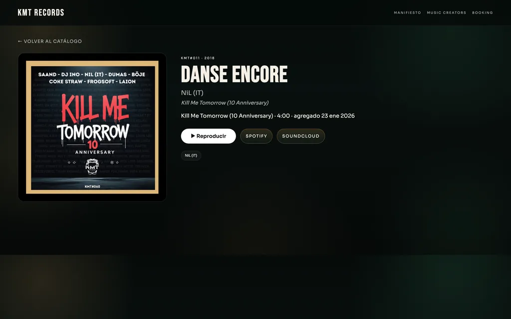 Ficha de un track con portada, artista y botones de escucha y compra