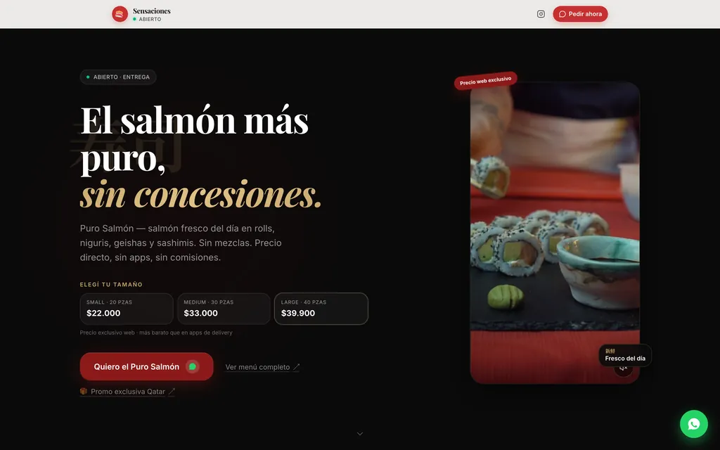 Portada de Sensaciones de Oriente con el selector de tamaño y los tres precios de combo