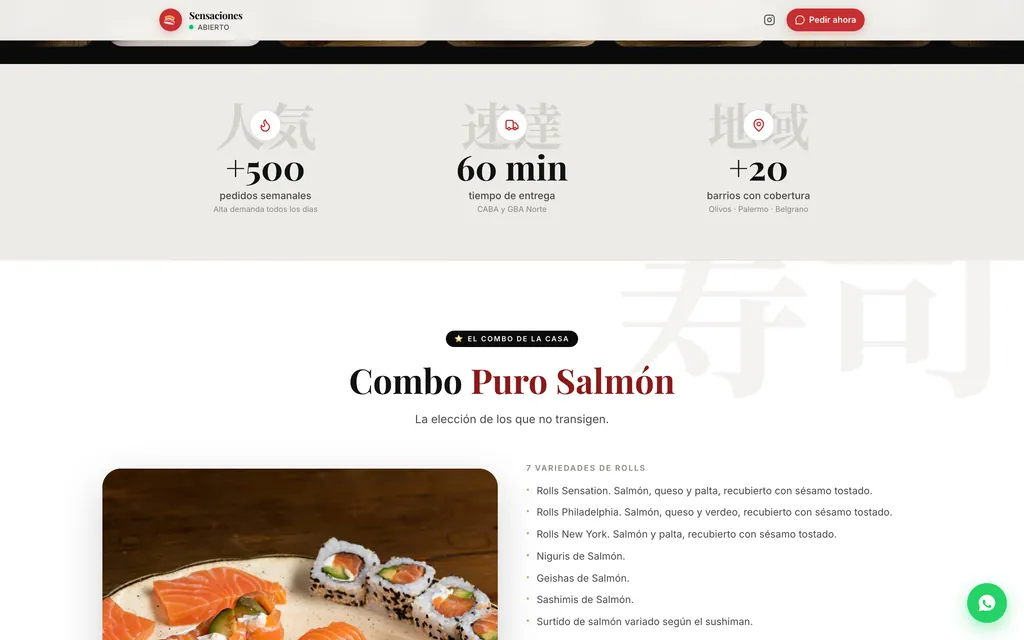 Sección del combo de salmón con la galería de fotos y las variedades incluidas